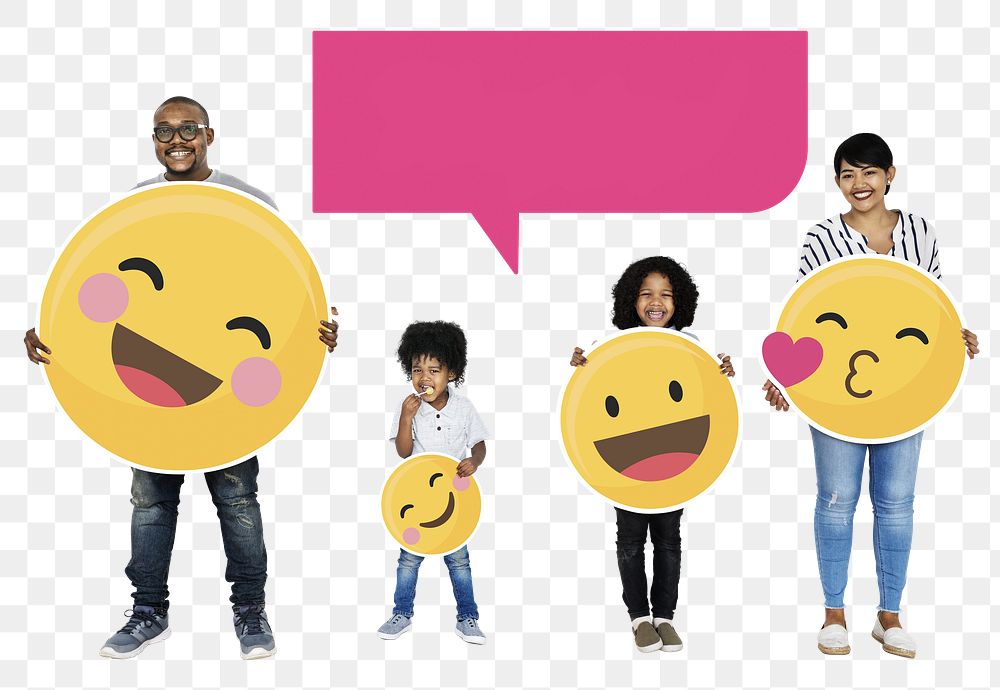 Png Cheerful family holding happy emoticons, transparent background