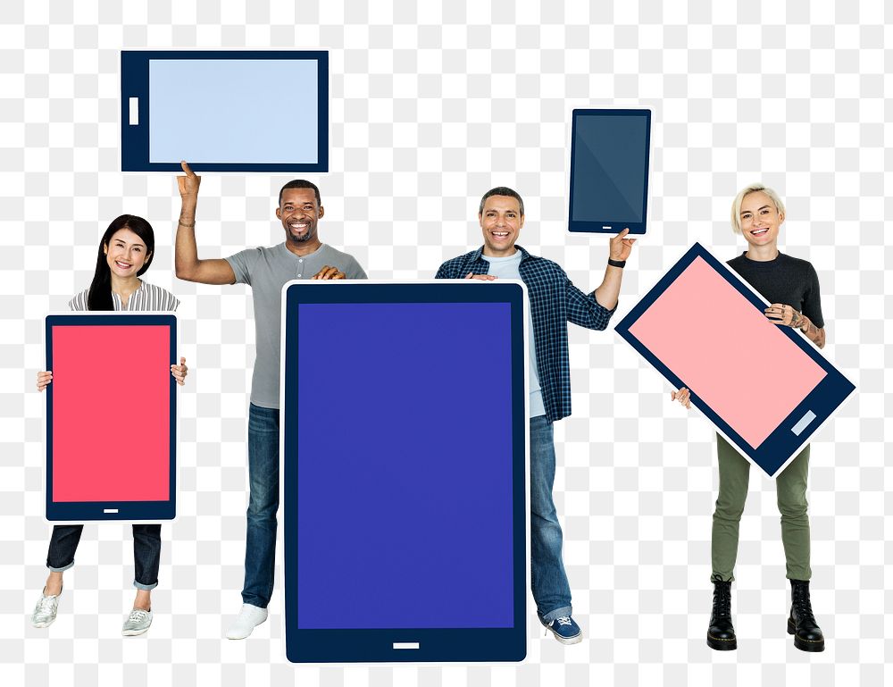 Png People holding empty screened digital device, transparent background