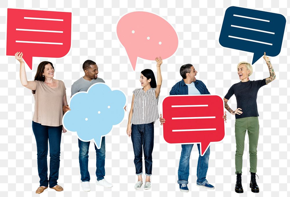 Png People holding empty speech bubbles, transparent background