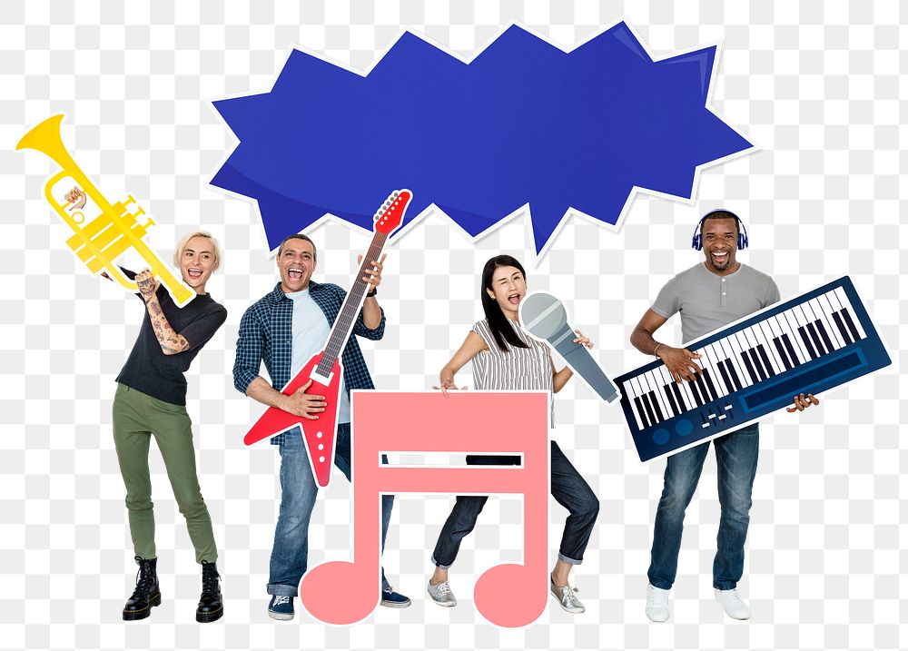 Png Cheerful people holding musical instrument icons, transparent background
