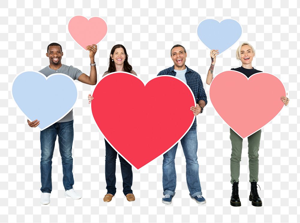 Png People holding heart shape icons, transparent background