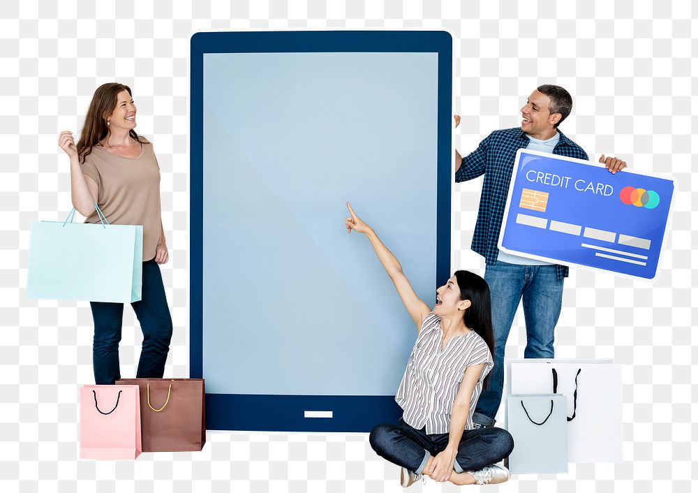 Png Happy people with online shopping icons, transparent background