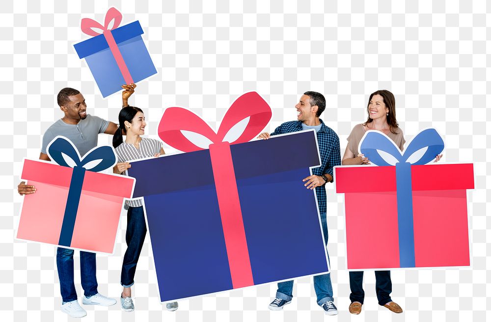 Png People holding gift box icons, transparent background