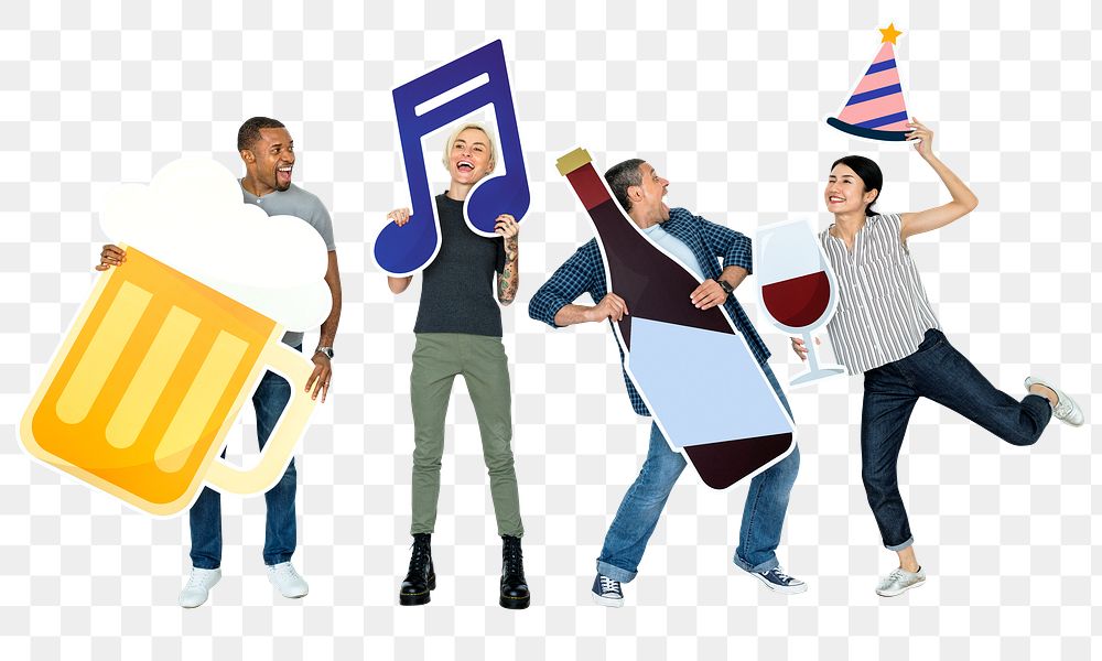 Png People holding party related icons, transparent background