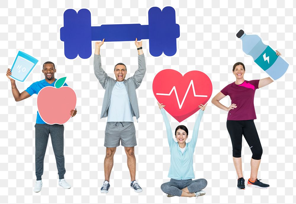 Png Healthy people holding healthy lifestyle icons, transparent background