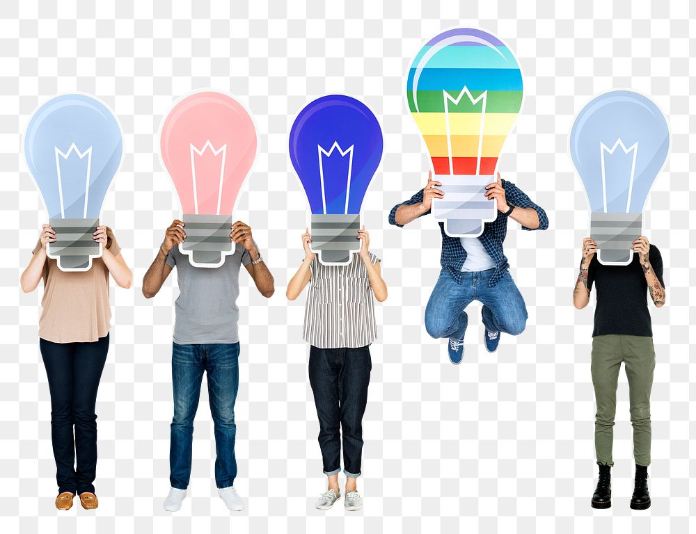 Png People holding light bulb icons, transparent background