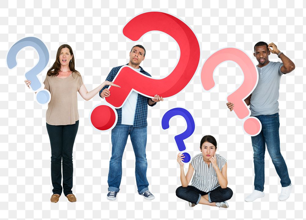 Png People holding question mark icons, transparent background