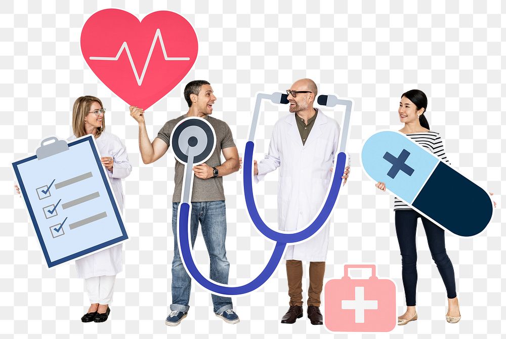 Png People with health checkup icons, transparent background