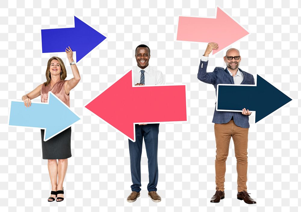 Png Business people holding arrow banners, transparent background