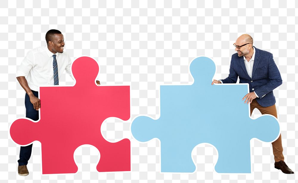 Png Two men connecting puzzle pieces, transparent background