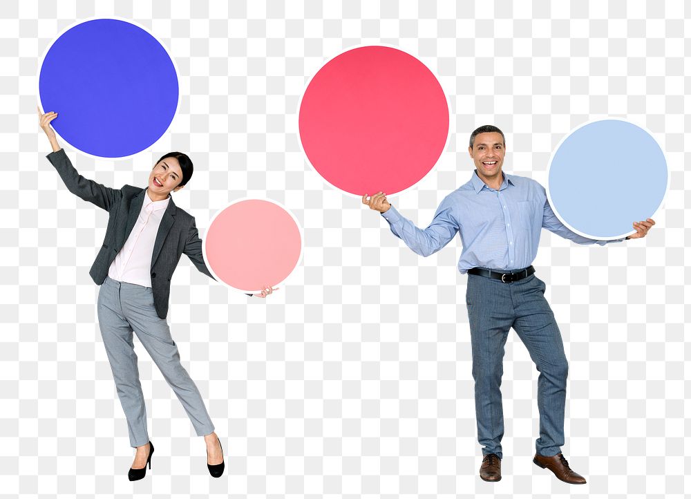 Png Business people holding blank round signs, transparent background