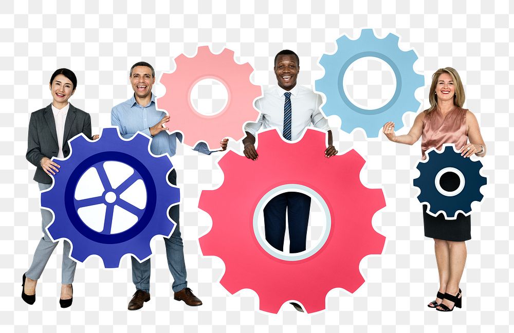 Png Business people connecting with gears, transparent background