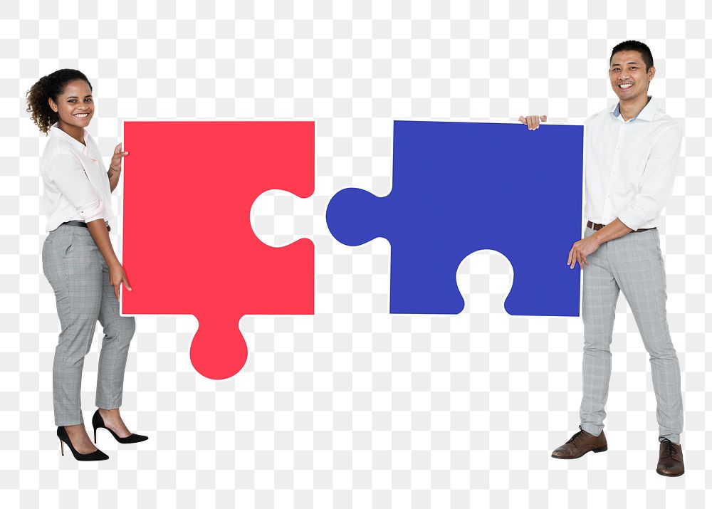Png Colleagues connecting puzzle pieces, transparent background