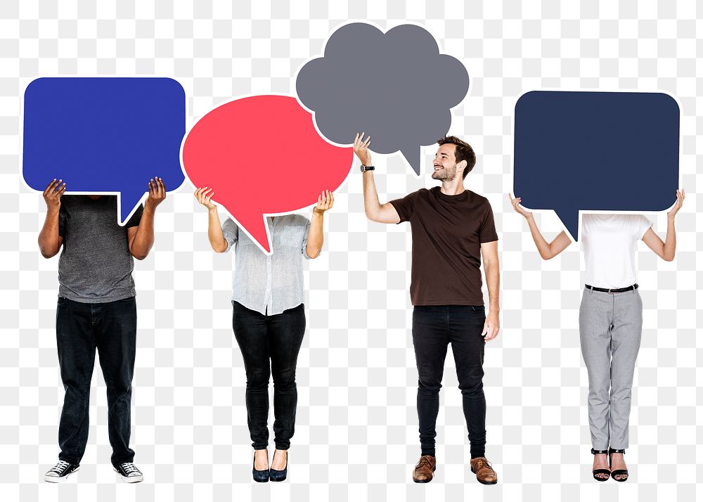 Png People holding colorful speech bubbles, transparent background