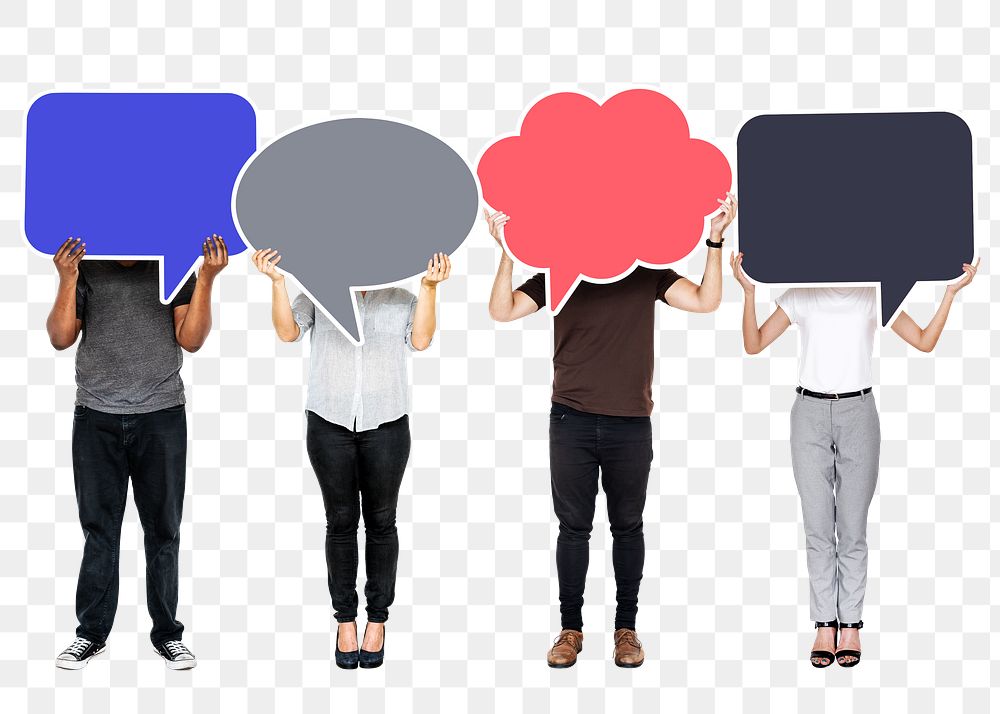 Png People holding colorful speech bubbles, transparent background