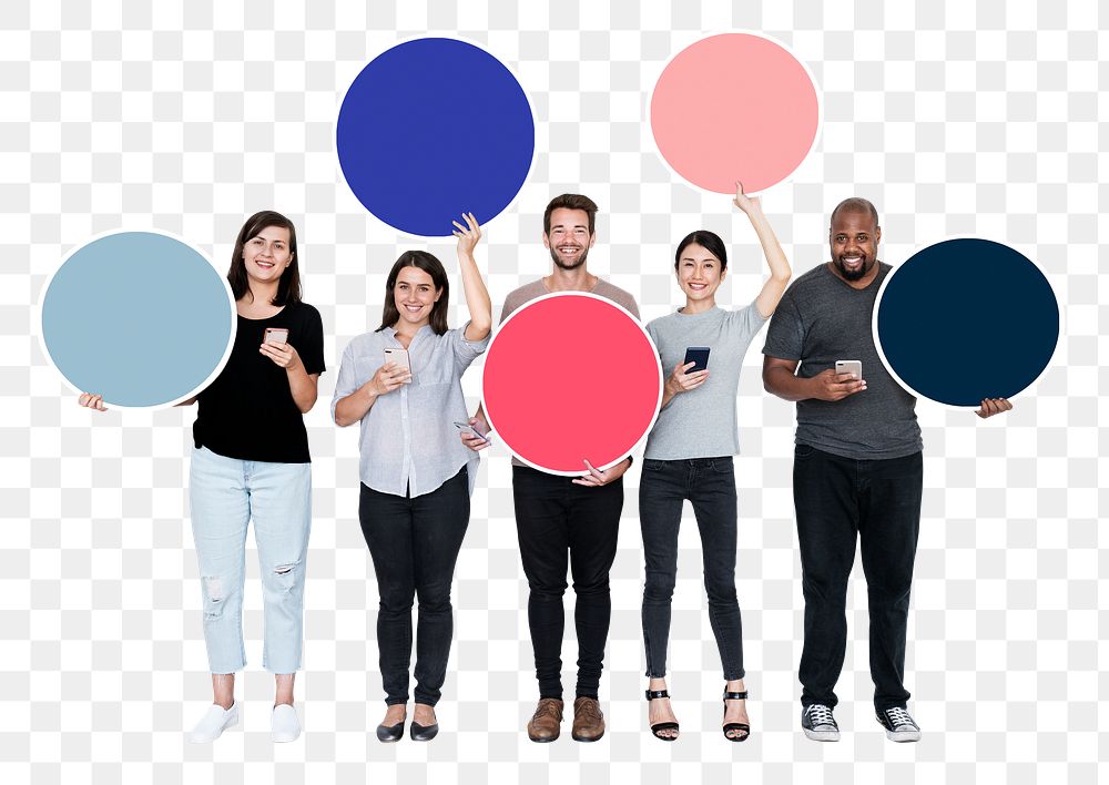 Png People using their phones and holding empty circles, transparent background