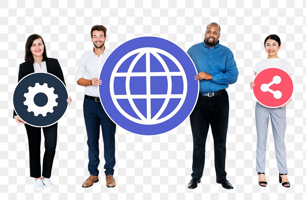 Png Happy diverse people holding internet icons, transparent background