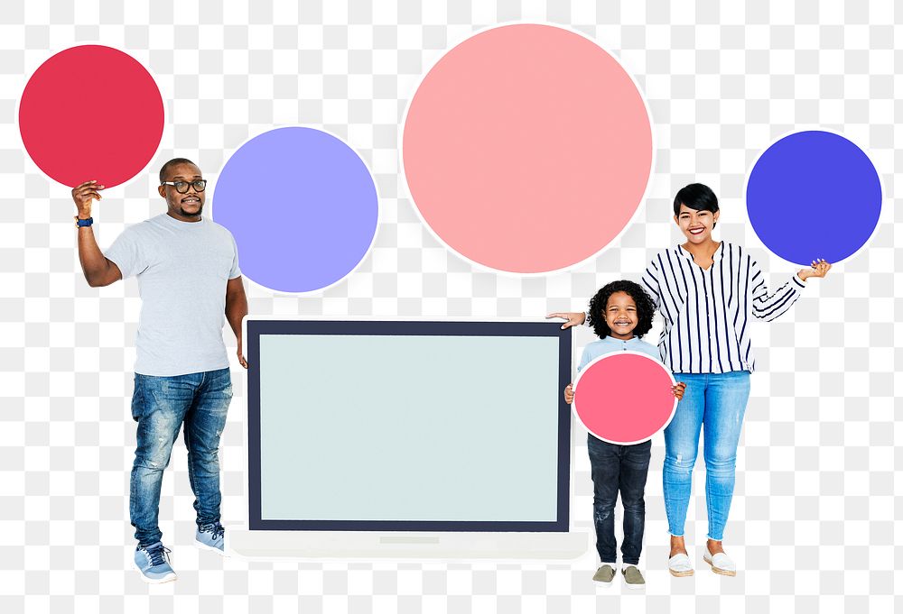 Png Happy family with blank laptop screen, transparent background
