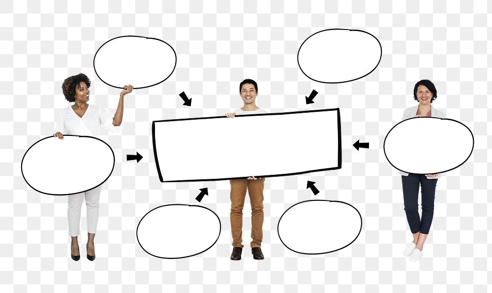 Businesspeople holding png mind maps, transparent background