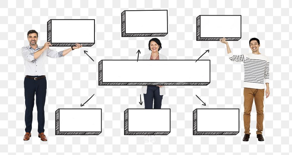 Businesspeople holding png mind maps, transparent background