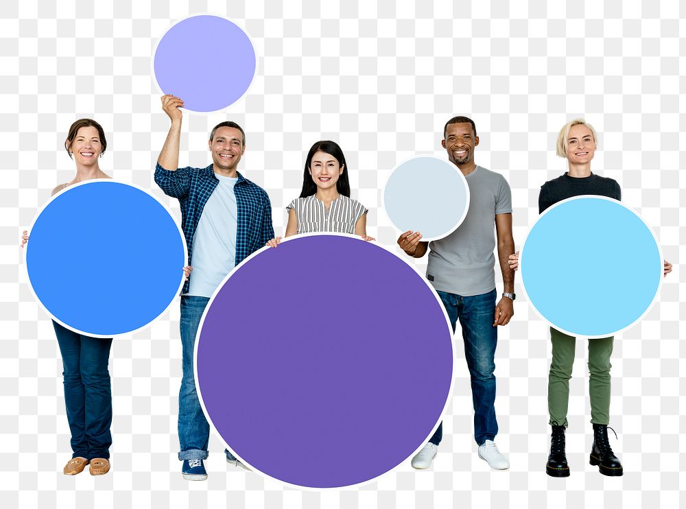 Png Group of diverse people holding circles, transparent background