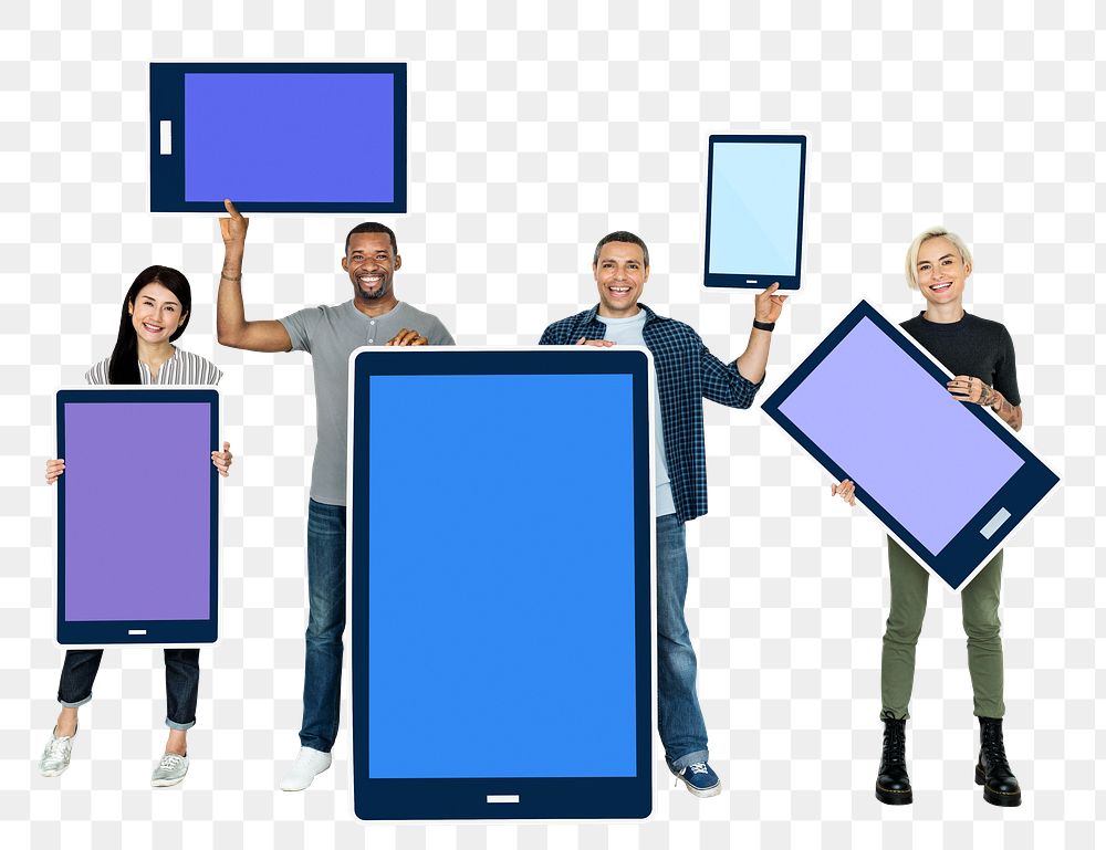 Png Diverse people holding digital tablet icons, transparent background
