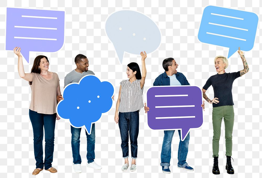 Png Diverse people holding speech bubble icons, transparent background