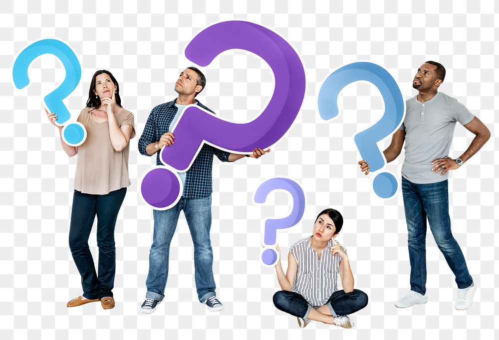 Png Diverse people holding question mark icons, transparent background