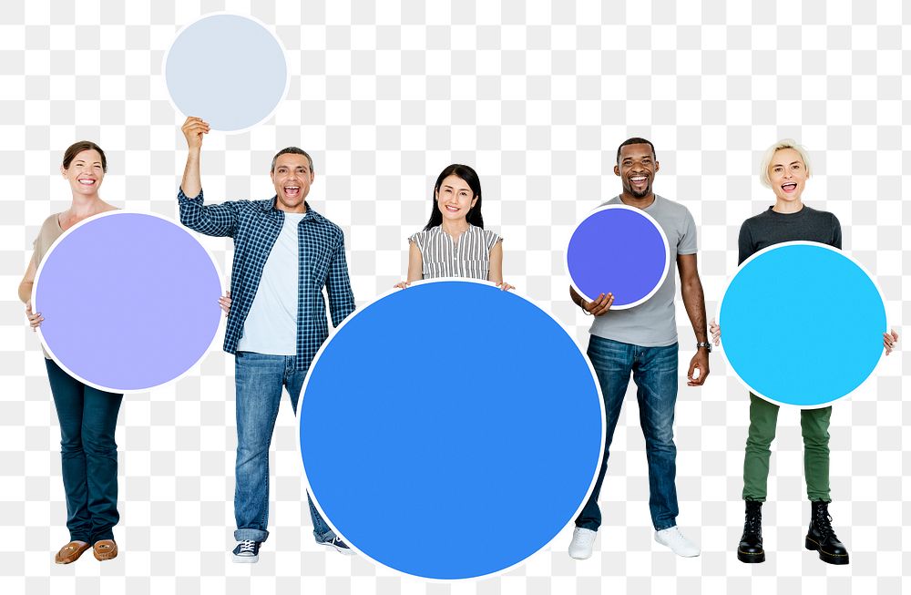 Png Diverse people holding round boards, transparent background