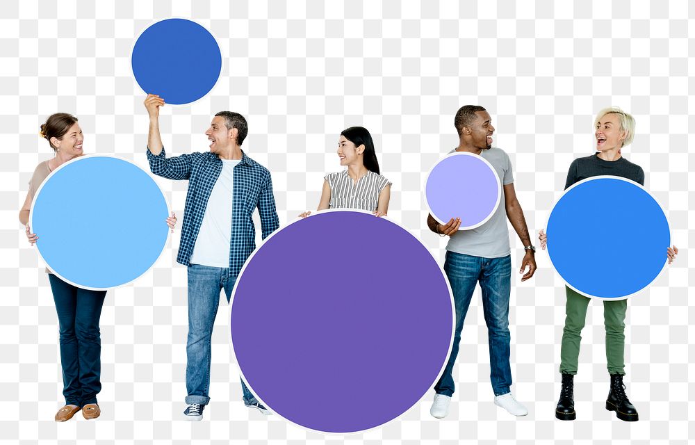 Png Diverse people holding round boards, transparent background
