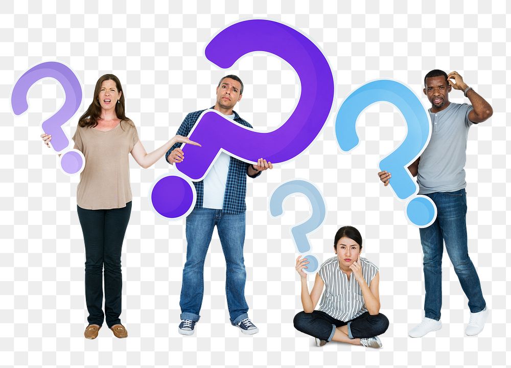 Png Diverse people holding question mark icons, transparent background