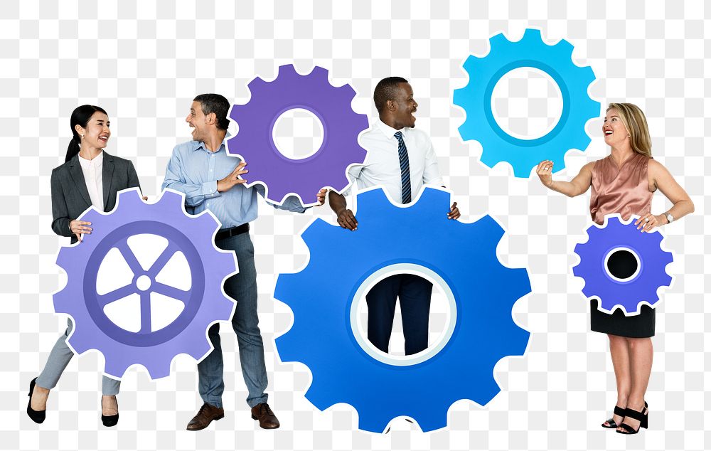 Png Business people connecting with gears, transparent background