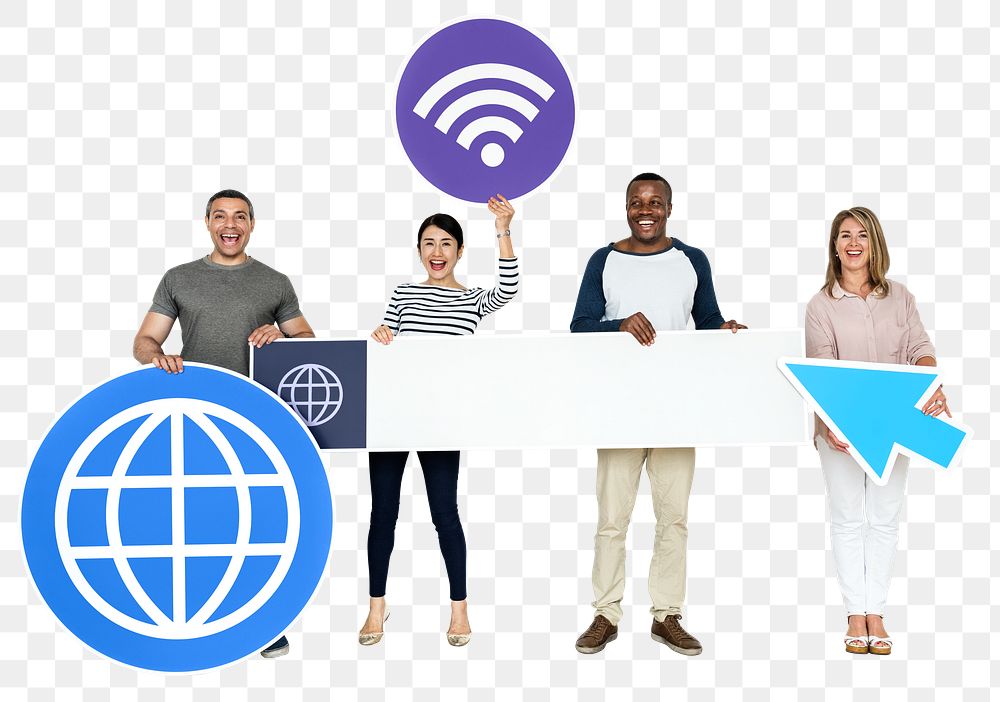 Png People with wireless technology icons, transparent background