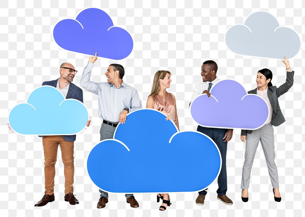 Png Diverse people holding cloud icons, transparent background
