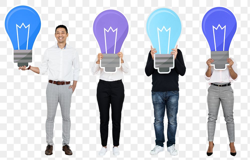 Png Creative team of people with light bulbs, transparent background