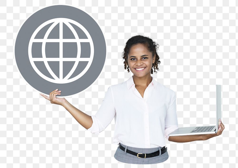 Png Cheerful woman showing website icon, transparent background