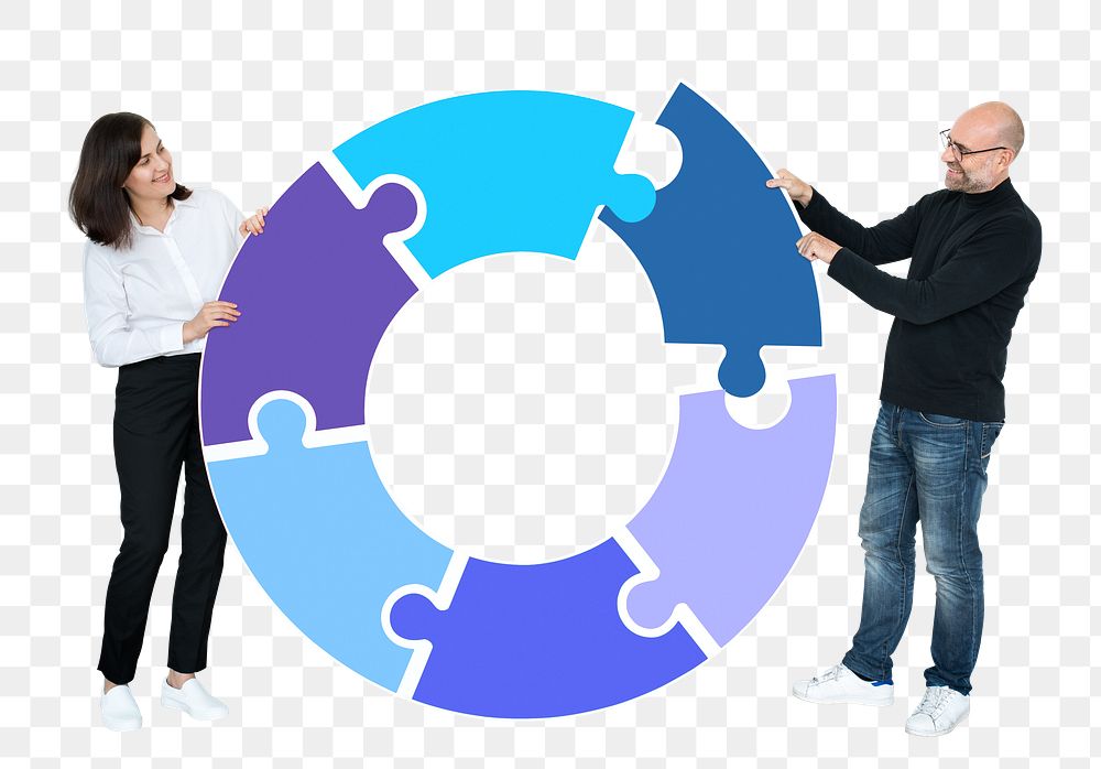 Png Businesspeople connecting jigsaw puzzle pieces, transparent background