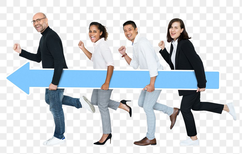 Png Businesspeople carrying blue arrow to the goal, transparent background
