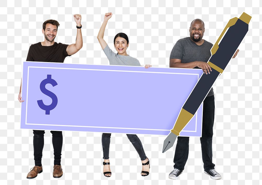 Png People holding 100,000 dollar check, transparent background