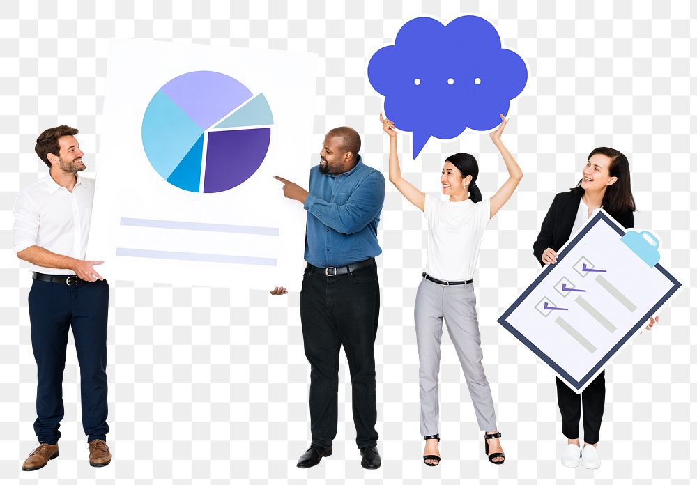 Png Business people holding pie chart and a checklist, transparent background