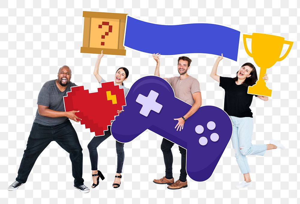 Png Playful diverse people holding gaming icons, transparent background