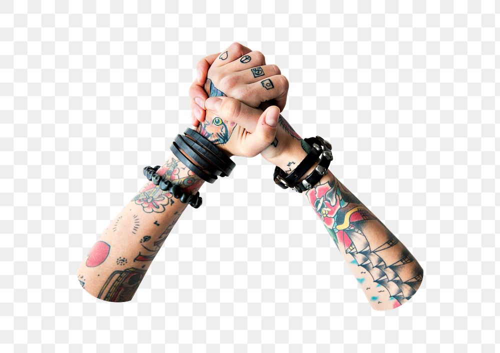 Tattooed hands png clasped together, transparent background