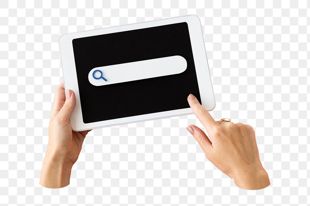 Hand holding png tablet digital device, transparent background