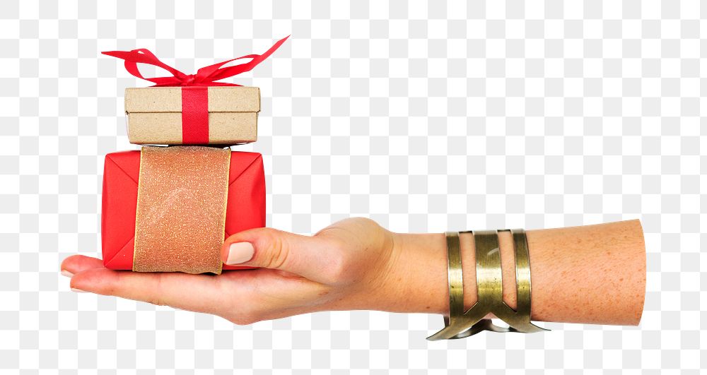 Hand holding png gift box transparent background