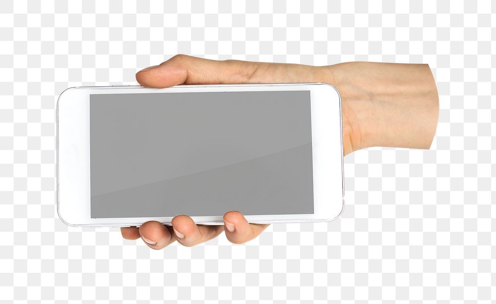 Hand holding png smartphone digital device, transparent background