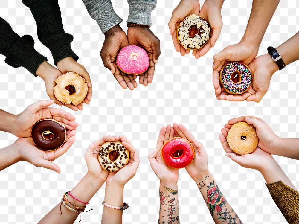 Hands holding png donut, transparent background