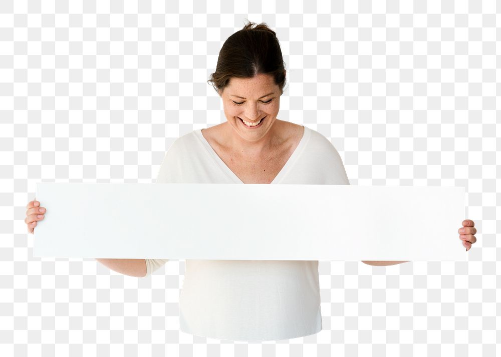 Woman holding banner png element, transparent background