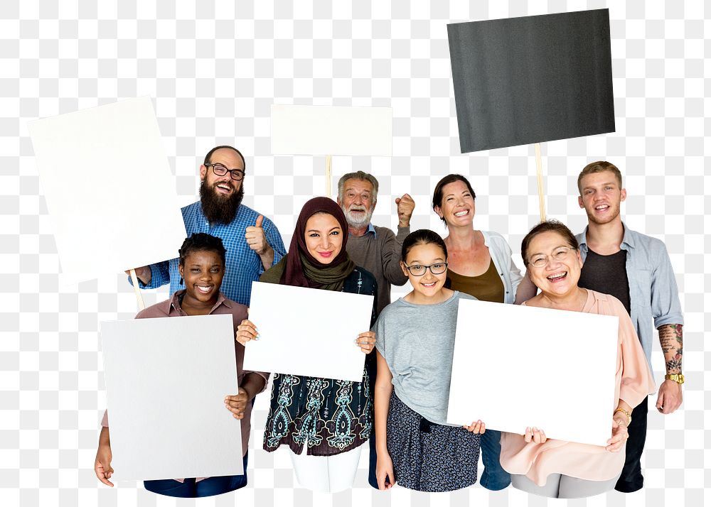 People holding signs png element, transparent background