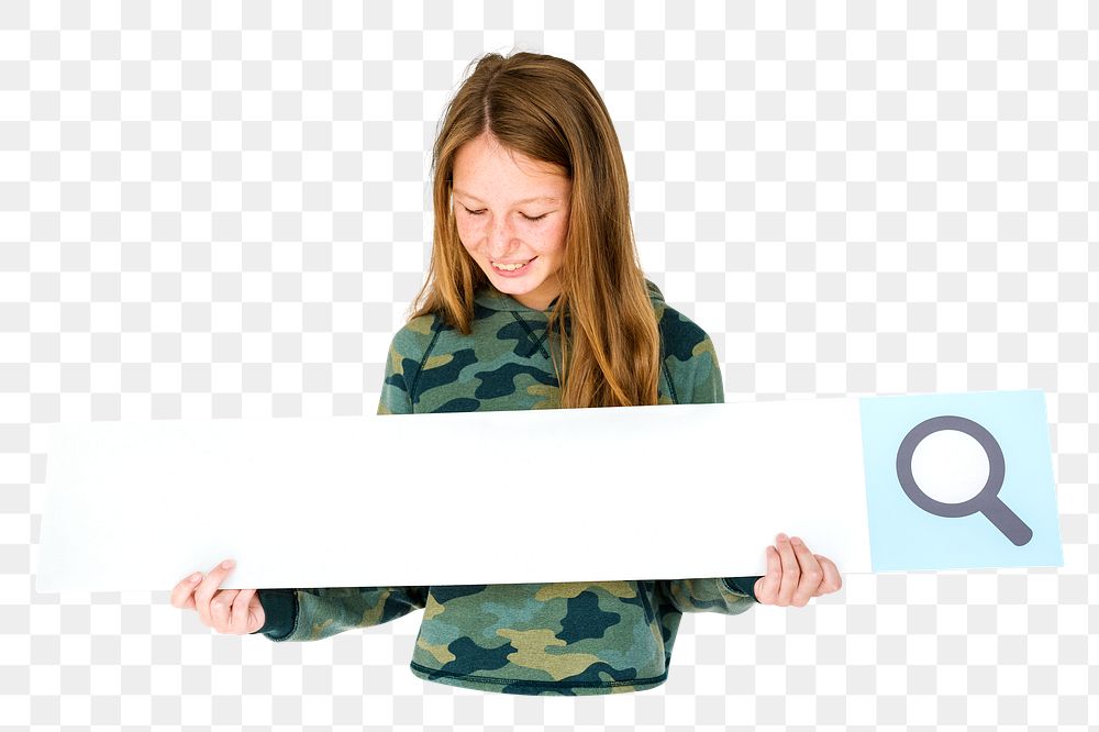 Girl holding search bar png element, transparent background
