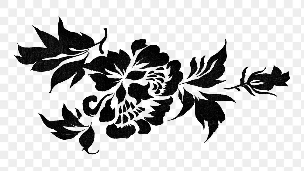 Black flower png vintage illustration, transparent background